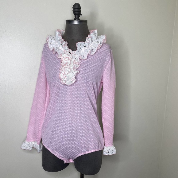 Vintage Ruffle Collar Long Sleeve Bodysuit size VTG 18 Fit's Like a Large - Picture 2 of 8